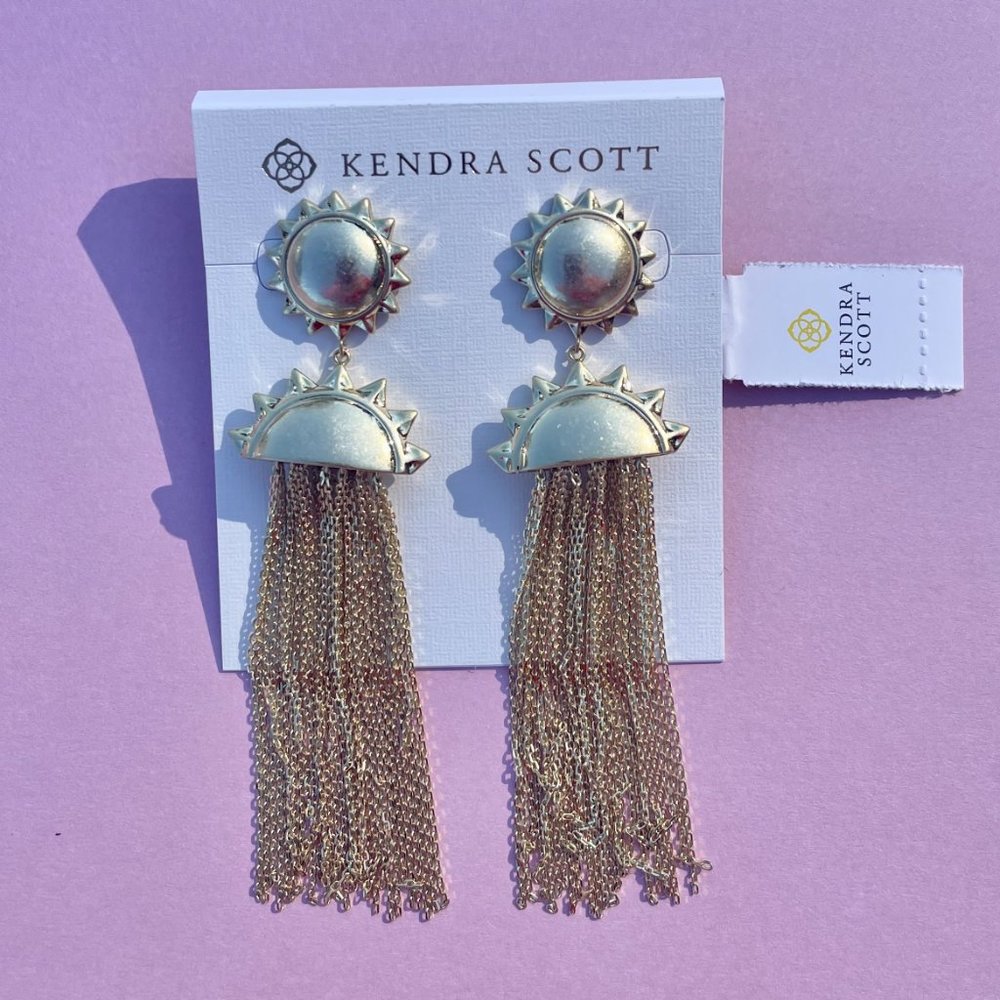 NWT Kendra Scott 14K Gold Plated Sun Earrings with Chain Tassles - Picture 5 of 14